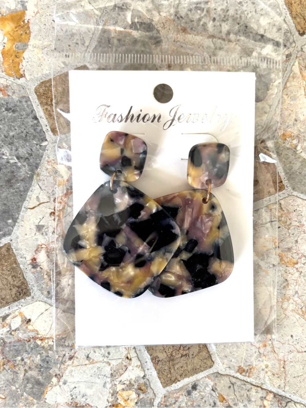 Fashion Jewelry Black, Cream & Purple Resin Drop Earrings